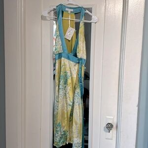 Silk yellow and blue wrap dress